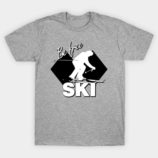 Be Free Ski White Text Quote with White Downhill Alpine Skier