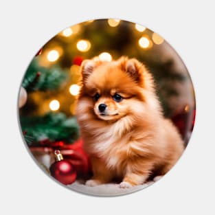 Tiny Pomeranian Puppy Dog by Christmas Tree Pin