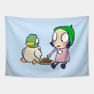 sarah and duck sharing cookies / children's cartoon Tapestry