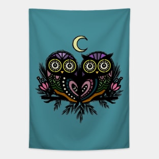 A Perfect Pair Of Midnight Moonlit Owls Tapestry