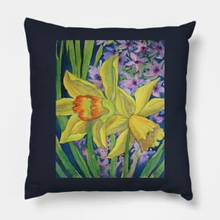 Daffodils & Hyacinths watercolor painting Pillow