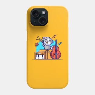 Cute Cat Playing Jazz Music in Box with Saxophone, Piano and Contrabass Cartoon Vector Icon Illustration Phone Case