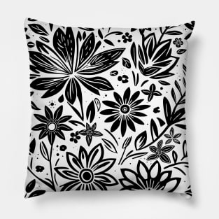 White and Black Floral Lino Print Pillow