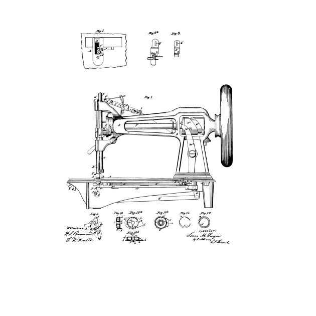 Sewing Machine Vintage Patent Hand Drawing Sewing T Shirt