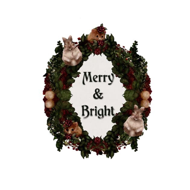 Bunny Holiday Wreath Christmas Ornaments Red Berries Holiday Quote Merry and Bright by penandbea