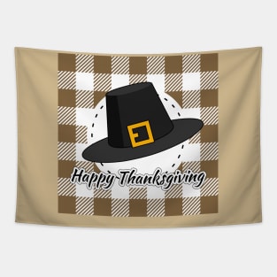 Black Pilgrim Hat on Brown Plaid - Happy Thanksgiving Tapestry