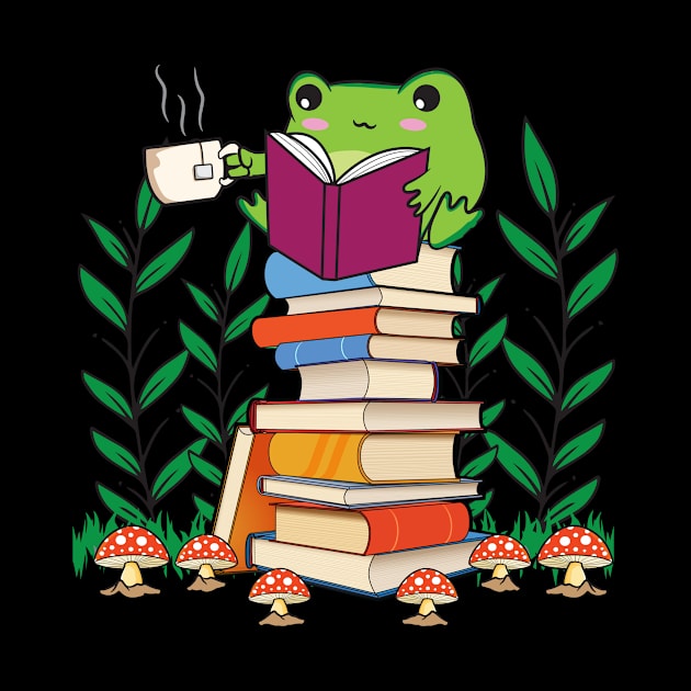 Cottagecore Aesthetic Kawaii Frog Reading Book by Alex21