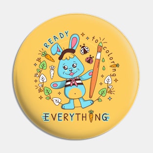 Cute kawaii cartoon Bunny Fluffy with paint brush. Tagline: Ready to coloring everything. Pin