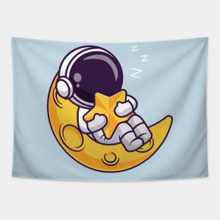 Cute Astronaut Sleeps On Moon Holding the Star Cartoon Tapestry