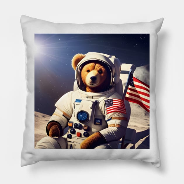 Teddy in a Space suit sitting on a deck chair on the Moon Pillow by Colin-Bentham