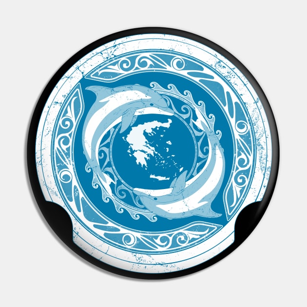 Atlantean Shield with Twin Dolphins and Map of Greece Pin by NicGrayTees