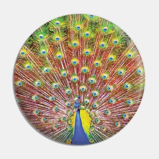 Beautiful Bohemian Peacock with Colorful Green Blue Yellow Pink Boho Feathers in Botanical Nature Pin