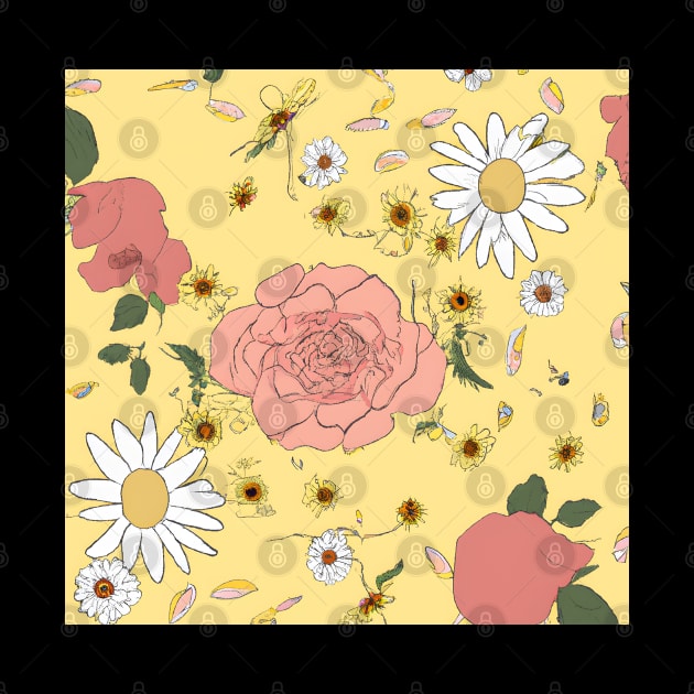 Delicate Hand-Sketched Flowers: Vintage Wallpaper with Daisies and Roses on Yellow. by Zenflow