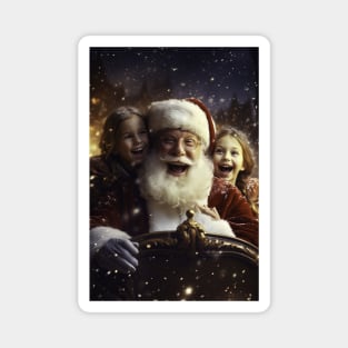 Santa Claus with two girls posing for picture - Christmas Design Magnet