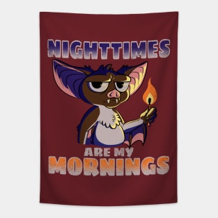 Nighttimes Are My Mornings | Funny Cute Bat Night Fire Spooky Halloween Tapestry