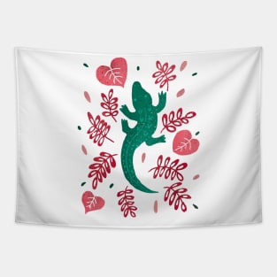 Green crocodile and red leaves Tapestry