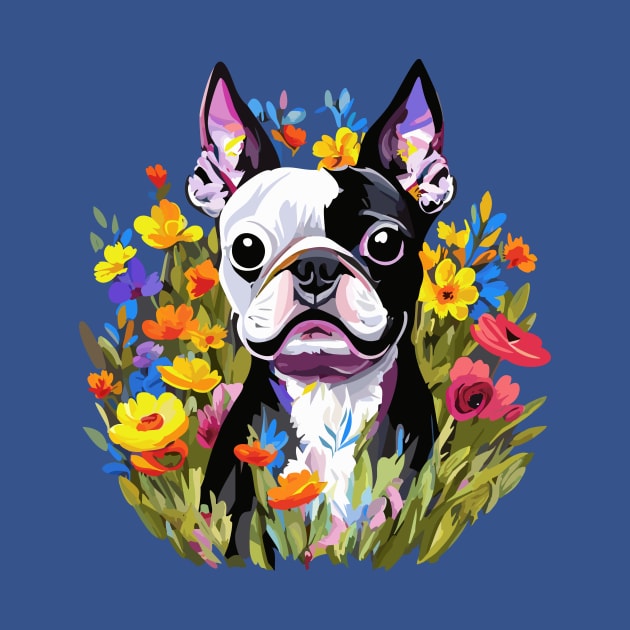 Boston Terrier in Flowers by DestructoKitty