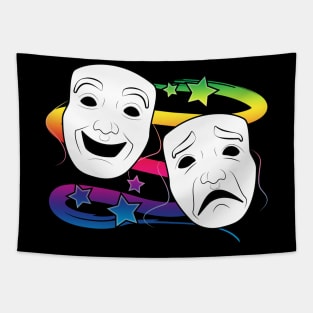 Comedy and Tragedy Drama Masks with Rainbow Stars Tapestry