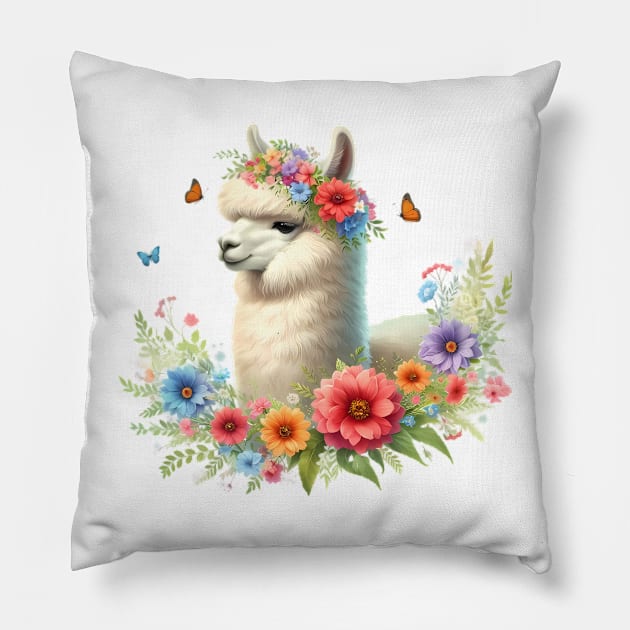 An alpaca decorated with beautiful colorful flowers. Pillow by CreativeSparkzz