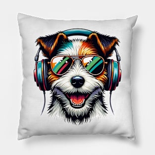 Parson Russell Terrier as Smiling DJ with Headphones and Sunglasses Pillow