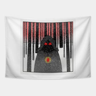 Cloaked Figure in a Dark Winter Forest Tapestry