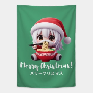 Chibi Kawaii Santa Claus Eating Ramen Noodles Tapestry