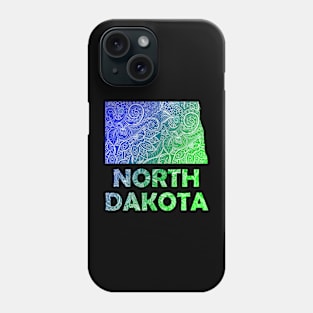 Colorful mandala art map of North Dakota with text in blue and green Phone Case