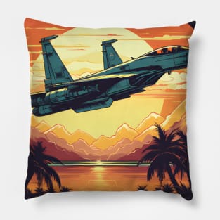 Cool Vintage Military Fighter Jet Sunset Pillow