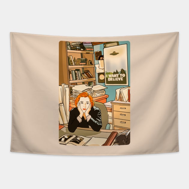 The skeptical Dana Scully in the Mulder s office Tapestry by Mimie20