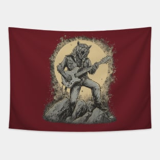 Angry wolf playing guitar Tapestry