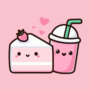 Kawaii Strawberry Lovers Gift | Cute Kawaii Strawberry Cake and Milkshake in Love T-Shirt