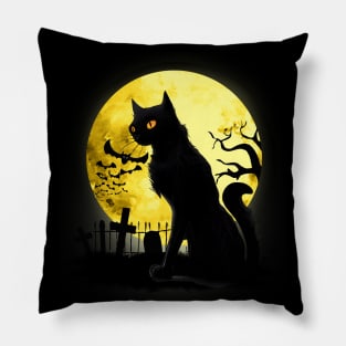 Full moon and black cat dark atmosphere in a scary cemetery Pillow