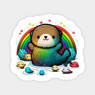 Adorable Rainbow Watercolor Sea Otter Kawaii Magnet