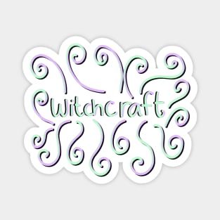 Spooky Witchcraft Lettering and Swirls in Green and Purple, on a White Backdrop, made by EndlessEmporium Magnet