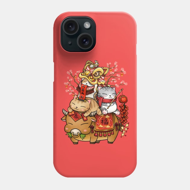 Chinese New Year Cats on Ox Phone Case by Takeda_Art