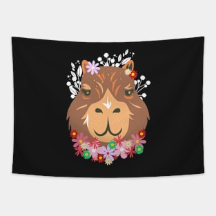 Cute Brown Kawaii Capybara's Face with Flowers Tapestry