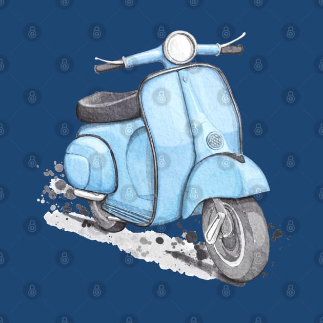 Blue classic vintage scooter. Blue background. by Magic Mouse Illustration