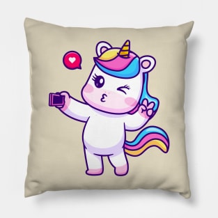 Cute Unicorn Selfie With Phone Cartoon Pillow