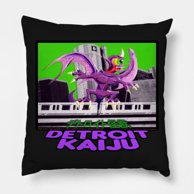 One Eyed One Horned Flying People Mover Surfer! - Pete Coe's Detroit Kaiju Series Pillow by DetroitKaiju