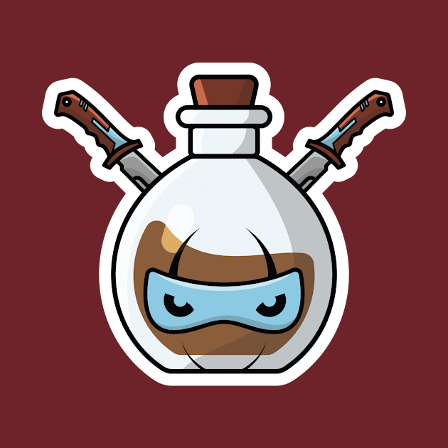 Potion Bottle with Ninja Cartoon Character Sticker vector illustration. Science object icon concept. Handsome ninja cartoon with Potion sticker vector design. Cartoon character drink design. by AlviStudio