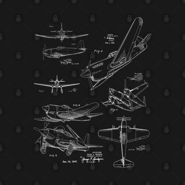 Discover Aircraft Design 1940s Patent Image - Airplane - T-Shirt