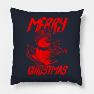 Skiing Snowman - Merry Christmas - Red Pillow