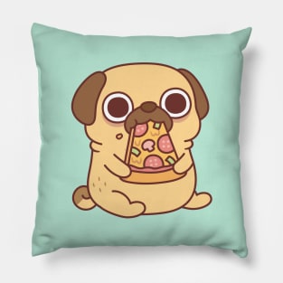 Cute Little Pug Eating A Pizza Pillow
