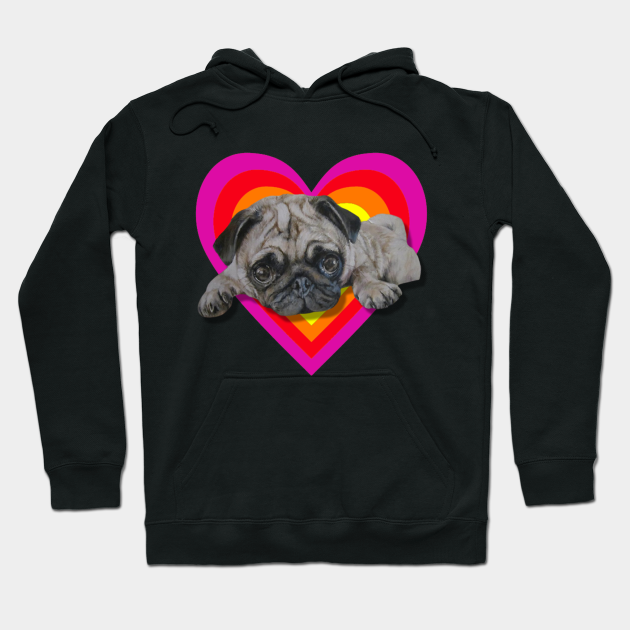 Adorable realistic pug painting on a digital vibrant heart - Pug - Hoodie