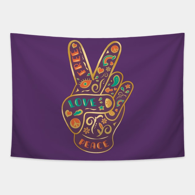 Golden Free Love Vintage Mystic Icon Peace Hand Sign Tapestry by LittleBunnySunshine