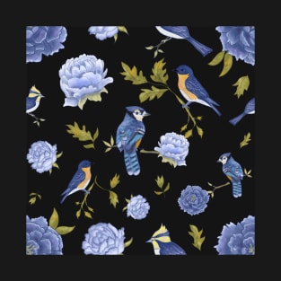 Peonies and blue birds on black backdrop T-Shirt