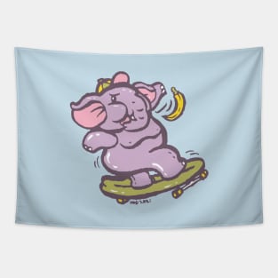 Asian purple elephant playing surf skate with banana Tapestry