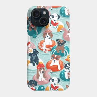 Summer pool pawty // aqua background dog breeds in vacations playing on swimming pool floats Phone Case