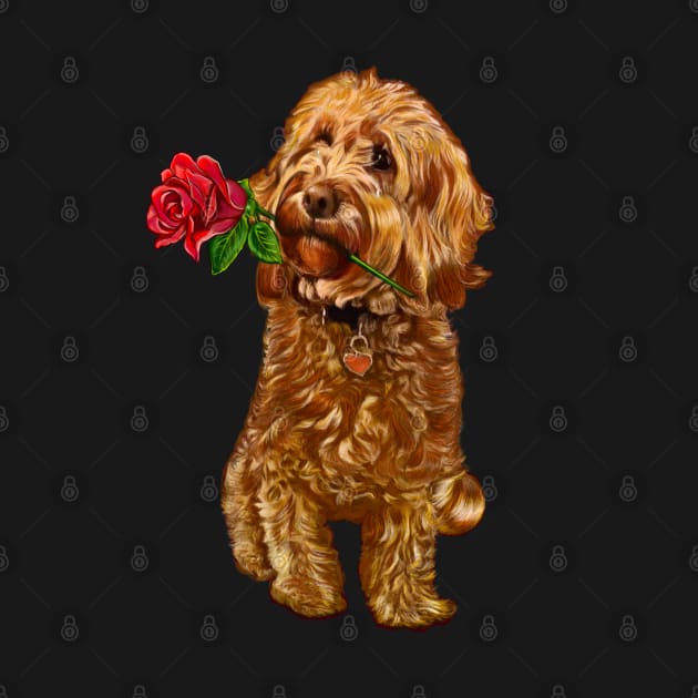 The Best Valentine’s Day Gift ideas 2022, Cavapoo Cavoodle with single red rose- cute cavalier king charles spaniel snug in a snowflake themed scarf by Artonmytee