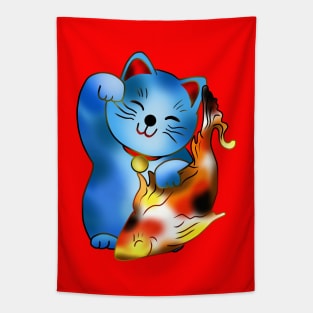 Right paw blue maneki neko lucky cat with fish Tapestry